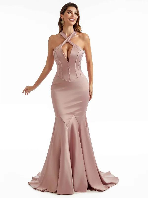 Women's Activewear Outfit Feminine Elegance Sexy Mermaid Halter Long Silky Satin Unique Formal Bridesmaid Dresses Online