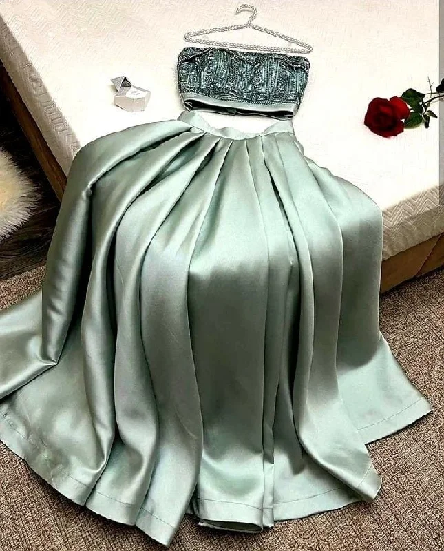 Women's Clothing For Casual Outings Art Deco Geometric Pattern Look Elegant A Line 2 Pieces Strapless Mint Green Satin Long Prom Dress Evening Dresses With Beads C3396