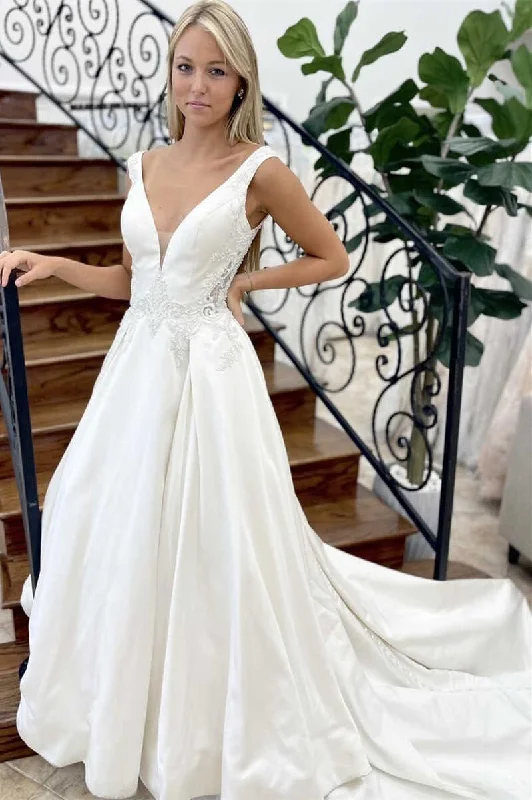 Women's Clothing Sets Limited - Time Bundle White Satin V-Neck Backless A-Line Long Wedding Dress