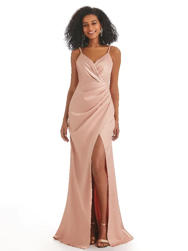 Women's Vacation Garments Urban Sophistication Spaghetti Straps Mermaid Soft Satin Side Slit Long African Bridesmaid Dresses