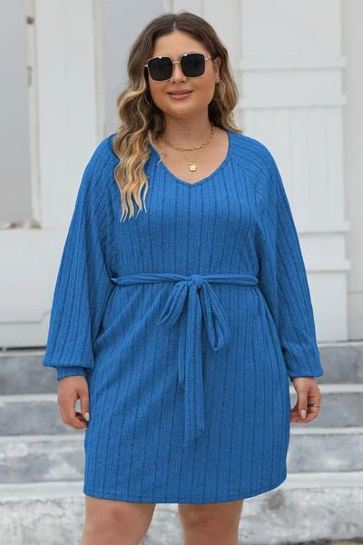 Stylish Clothes For Women Limited - Stock Plus Size Ribbed Tie Front Long Sleeve Sweater Dress