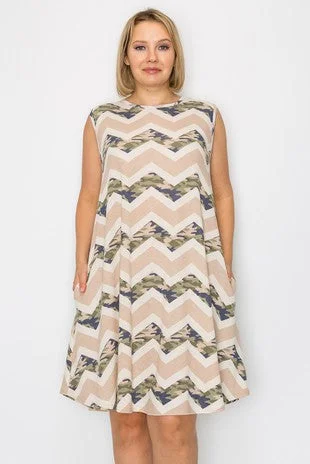 Women's Outerwear Garments Spring Fling Sale Sleeveless Tank Beige Camo Chevron Print Dress w Pockets