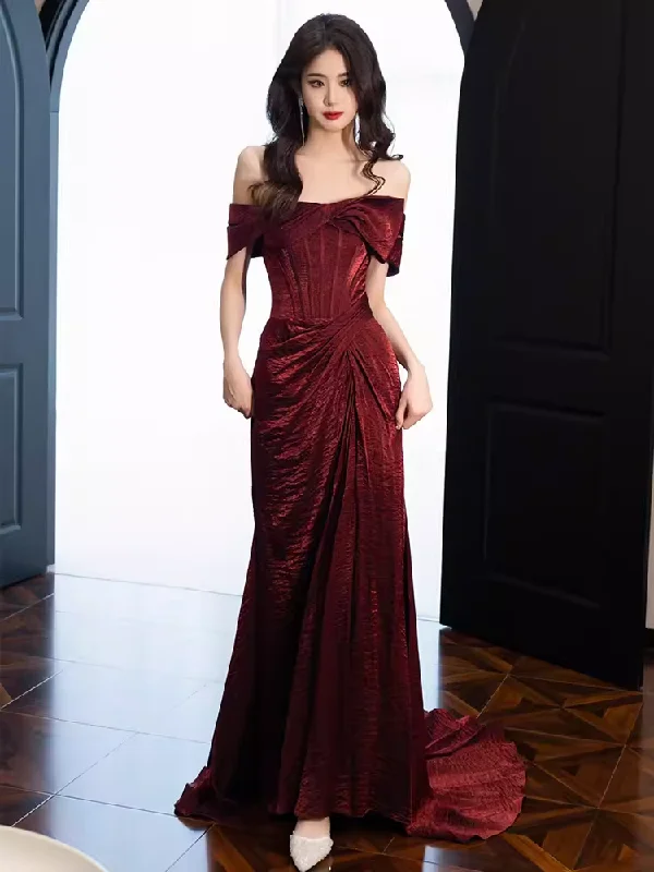 Stylish Women's Attire Cottagecore Rustic Charm Style Modest Mermaid Off The Shoulder Shiny Satin Burgundy Long Prom Dresses C222