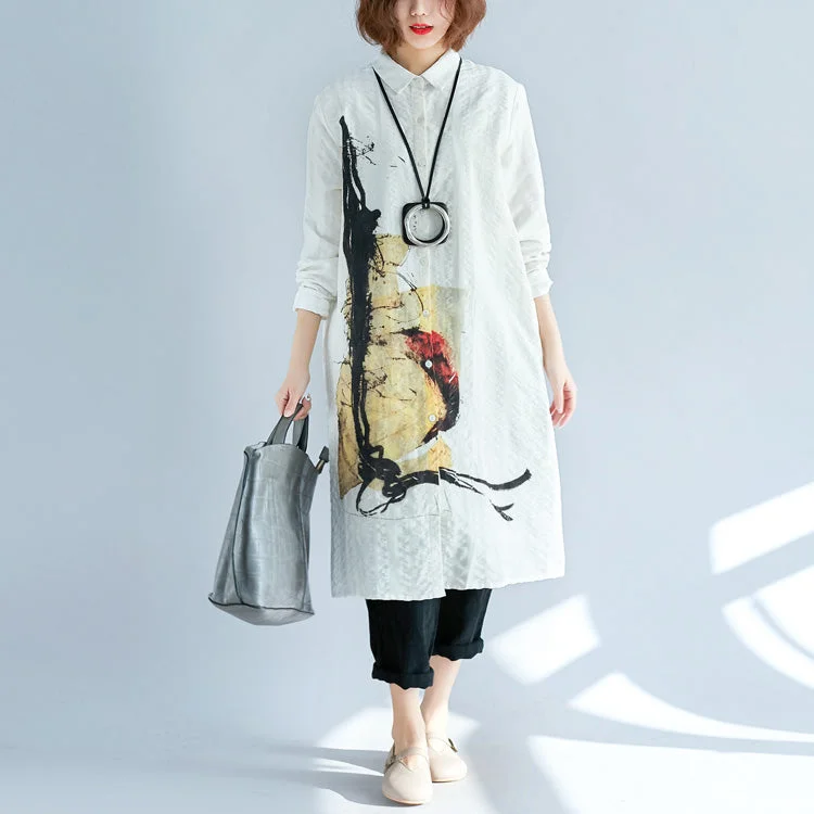 Women's Tailored Outfit Coastal Beach - Inspired Style Elegant white pure cotton shirt dresses plus size cotton dresses New long sleeve Turn-down Collar pockets cotton shirt dress