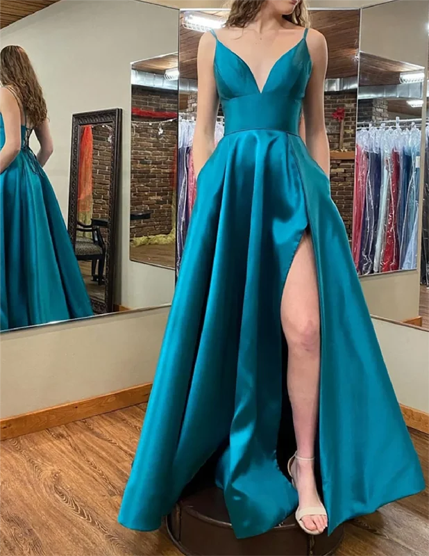 Classic Women's Apparel Flash Sale Women Satin Slit Prom Dresses Long V-Neck Evening Gowns Formal Party Dress YPD546