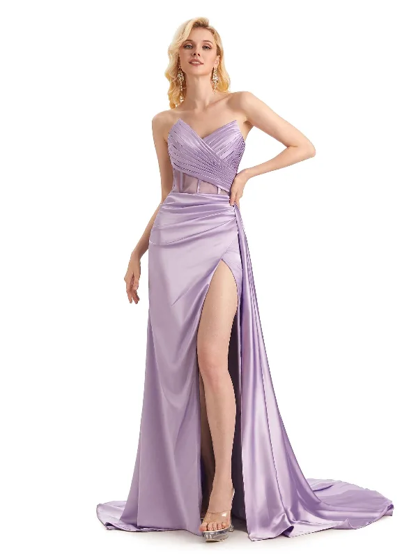 Women's Sports Apparel Nordic Minimalist Home Look Sexy Soft Satin Side Slit See Through Floor-Length Long Mermaid Bridesmaid Dresses