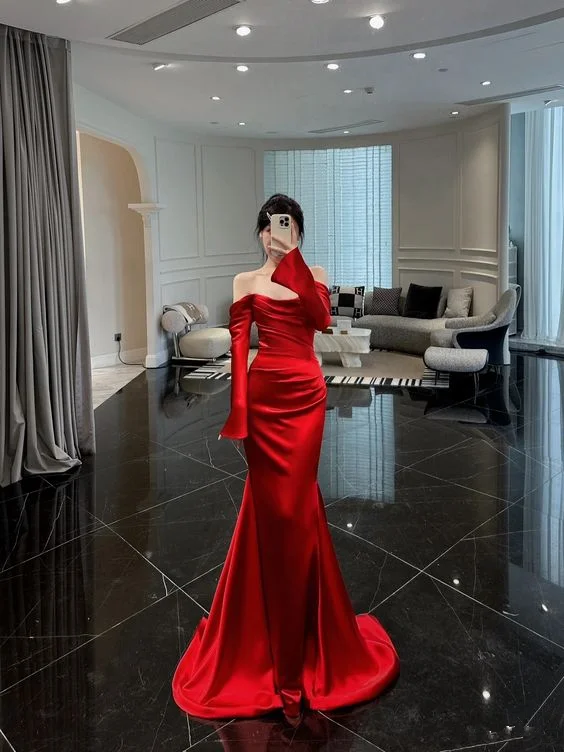 Women's Formal Event Outfit Summer Splash Sale Classy Red Mermaid Long Sleeves Evening Dress Y6704