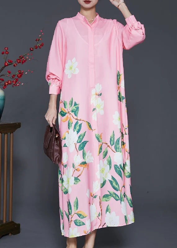 Comfortable Lounge Clothing Weekend Special Classy Pink Stand Collar Print Chiffon Shirt Dresses Spring