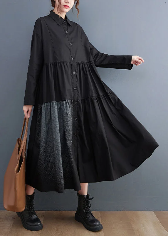 Women's Clothing For Outdoor Events Great Prices on Feminine Styles Loose Black Button Peter Pan Collar Cotton Shirt Dress Long Sleeve