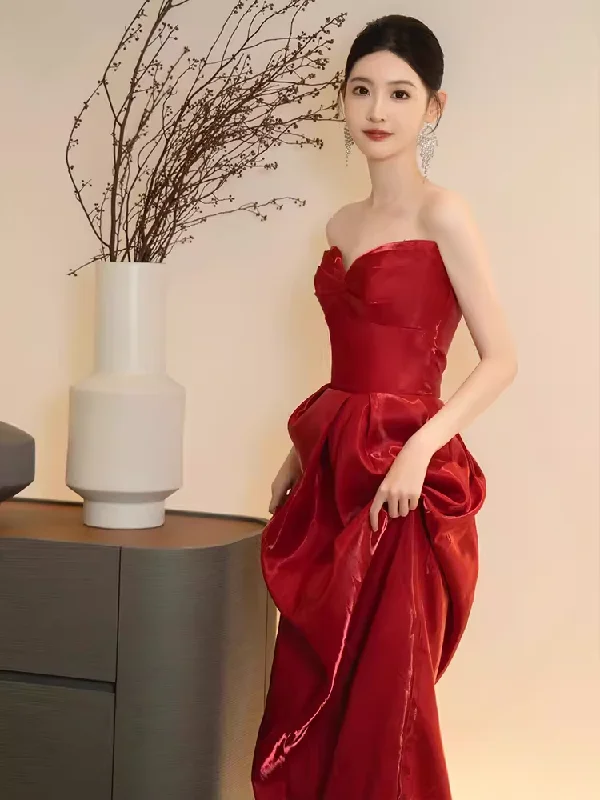 Women's Holiday Apparel Feminine Flow Sexy Mermaid Red Long Sweetheart Prom Dresses Satin Birthday Outfits C242