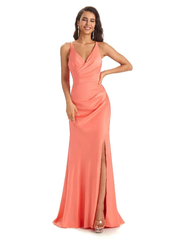 Women's Formal Event Outfit Vintage Elegance Modern Soft Satin Side Slit Spaghetti Straps V-neck Mermaid Bridesmaid Dresses