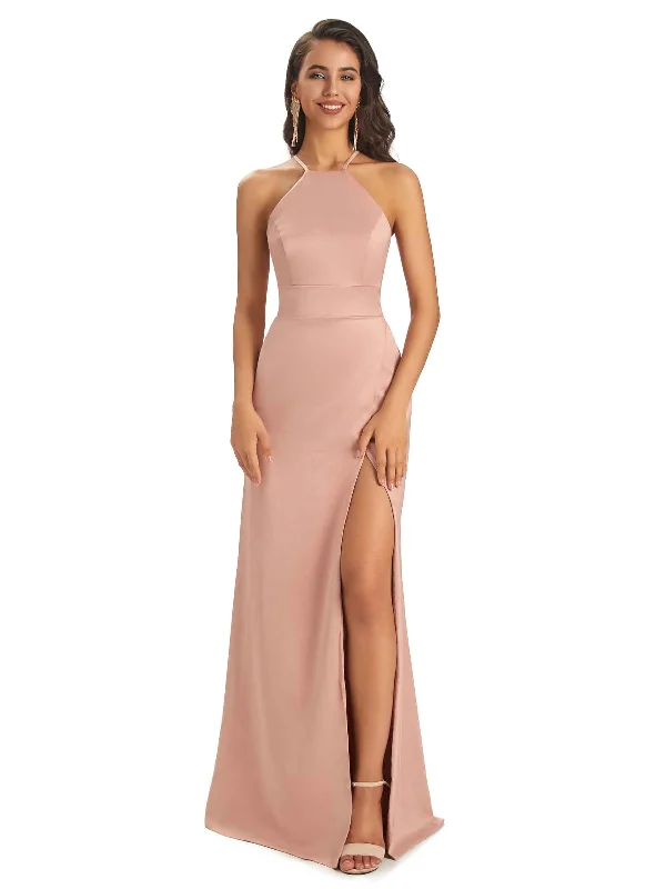 Classic Clothes For Women Feminine Flow Sexy Soft Satin Halter Criss-Cross Side Slit Maxi Unique Long Bridesmaid Dresses