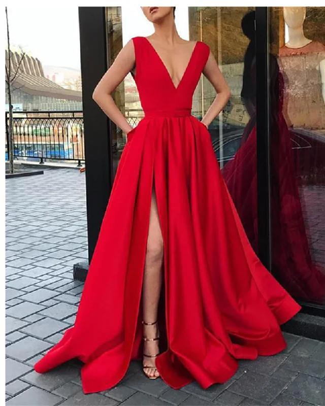 Women's Contemporary Apparel Elegant Details Elegant Satin V neck Long Evening Party Dresses with Slit Women Formal Prom Dress with Straps 2023 LP5510