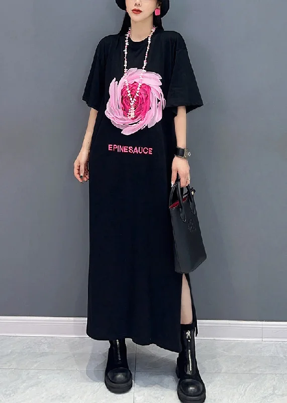 Women's Resort Attire Anniversary Sale Loose Black O Neck Print Side Open Cotton T Shirt Dresses Summer