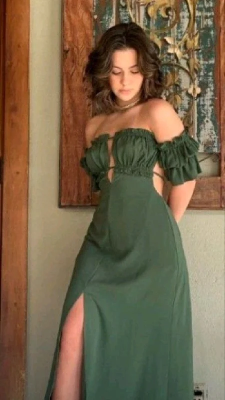 Vintage-Inspired Garments Soft Textures Elegant A line Off The Shoulder Green Slit Satin Prom Dresses Long Evening Dress C2870