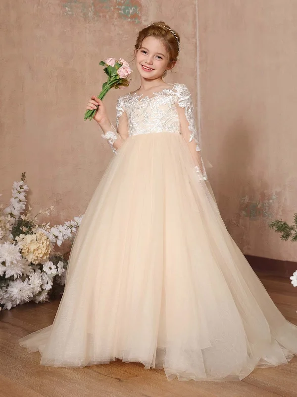 Women's Vintage-Inspired Clothing Limited - Edition Drops Ball-Gown Lace Long Sleeves Cap Straps Floor-Length Flower Girl Dresses