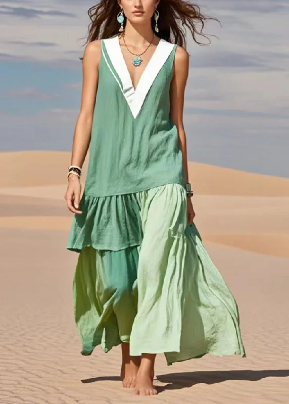 Women's Vacation Outfit Set Limited Quantities Fine Green V Neck Patchwork Cotton Day Dress Sleeveless