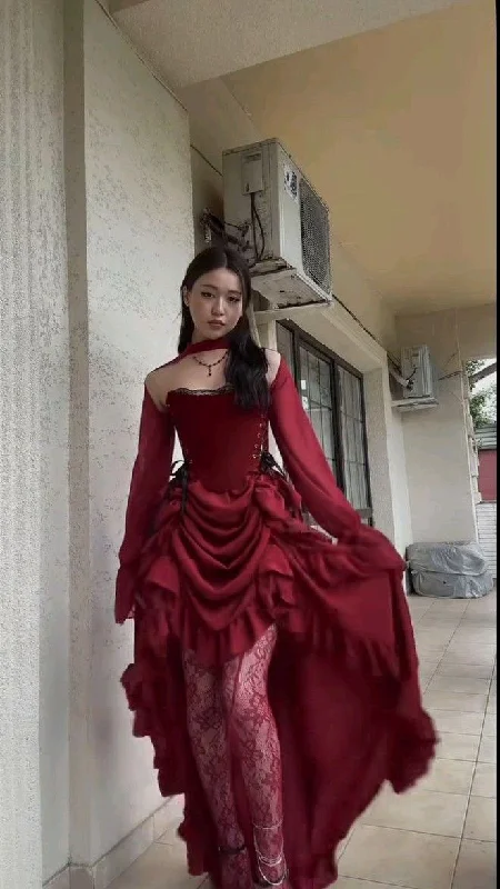 Women's Trendy Clothing Vintage Retro Party Wear Elegant High Low Strapless Burgundy Satin Prom Dress Birthday Outfits With Sleeves C3533