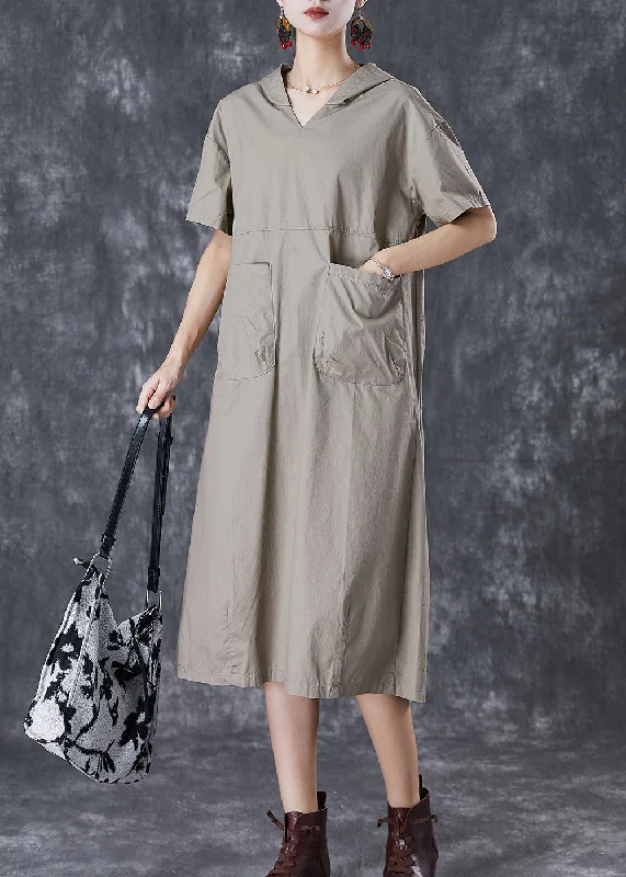 Modern Women's Outfit Minimalist Office - Ready Style Grey Oversized Cotton Loose Sweatshirt Dress Hooded Pockets Summer