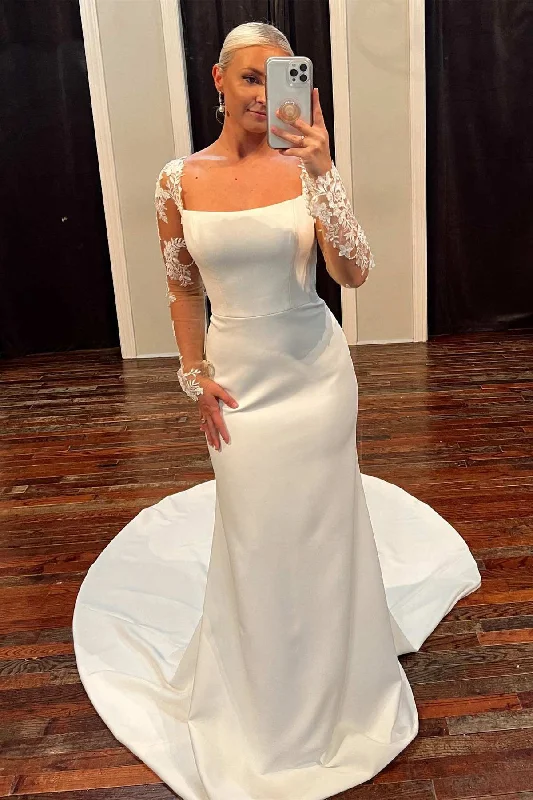 Women's Elegant Garments Effortless Sophistication White Square Neck Long Sleeve Mermaid Long Wedding Dress