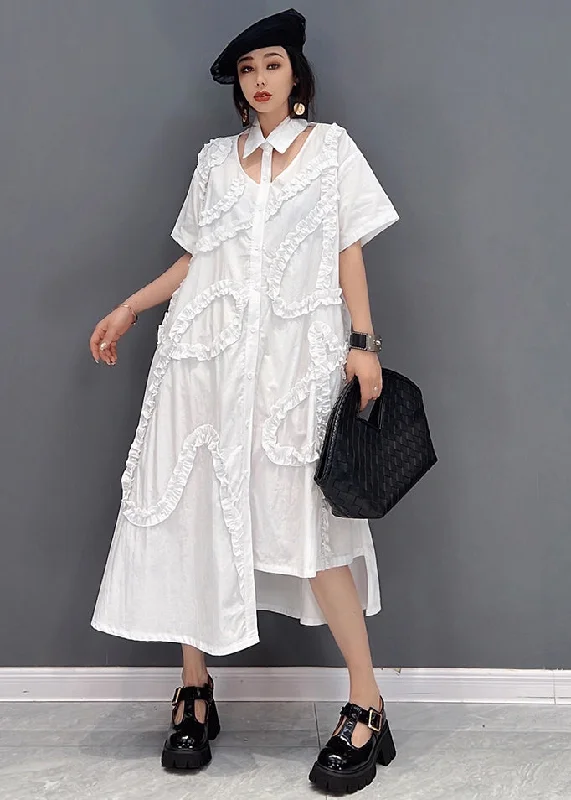 Plus-Size Women's Garments Chic Allure Plus Size Original White Asymmetrical Design Ruffled Cotton Shirt Dress Short Sleeve