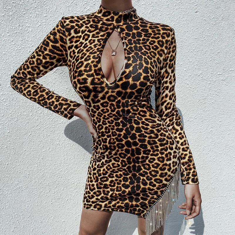 Women's Sports Apparel Y2K Nostalgic Fashion Look FashionSierra - Leopard Print Chain Tassels Detail  Dress Women Mock Neck Long Sleeve Bodycon Dress Front Cut Out Slim Fit Mini Dresses