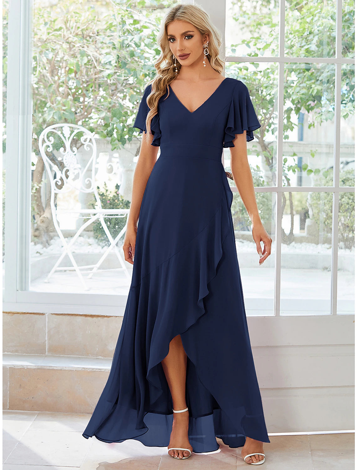 Women's Outdoor Attire Huge Savings on Parisian Styles A-Line Wedding Guest Dresses Casual Dress Party Dress Wedding Party Asymmetrical Short Sleeve V Neck Bridesmaid Dress Chiffon with Ruffles Pure Color