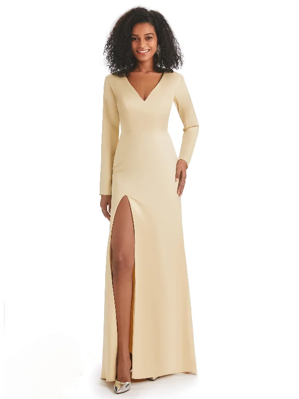 Women's Holiday Clothing Summer Splash Sale Soft Satin Side Slit Long Sleeves V-neck Long African Mermaid Bridesmaid Dresses