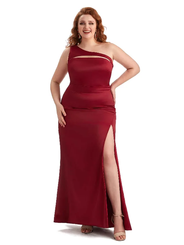 Casual Clothing For Women Feminine Soft - Hued Look Plus Size Sexy Mermaid One Shoulder Side Slit Soft Satin Long Bridesmaid Dress For Wedding