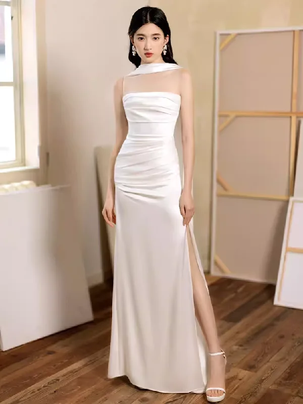 Women's Clothes Limited - Time Bundle Sexy Sheath Strapless White Long Prom Dresses Satin Slit Birthday Outfits C233