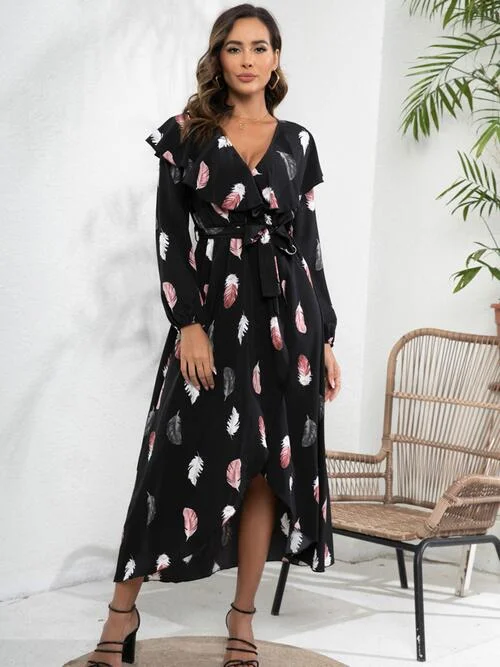 Women's Seasonal Clothes Huge Savings on Parisian Styles Printed Tie Front Ruffle Trim Long Sleeve Dress