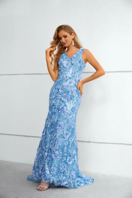 Women's Casual Wear Outfit Holiday Sale Unique Sleeveless Beaded Long Prom Dress with Flower Appliques