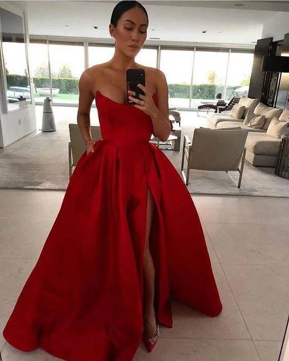 Timeless Women's Apparel Beat the Heat in Tropical Styles Fancy Strapless A-line Red Satin Prom Dress High Slit Women Evening Gowns C2698