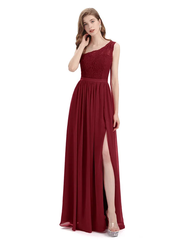 Elegant Women's Attire Limited - Stock Elegant One Shoulder A-line Top Lace Floor-Length Maxi Bridesmaid Dresses Online