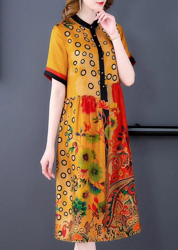 Women's Holiday Attire Soft Textures Modern Yellow Stand Collar Asymmetrical Wrinkled Silk Shirt Dresses Short Sleeve