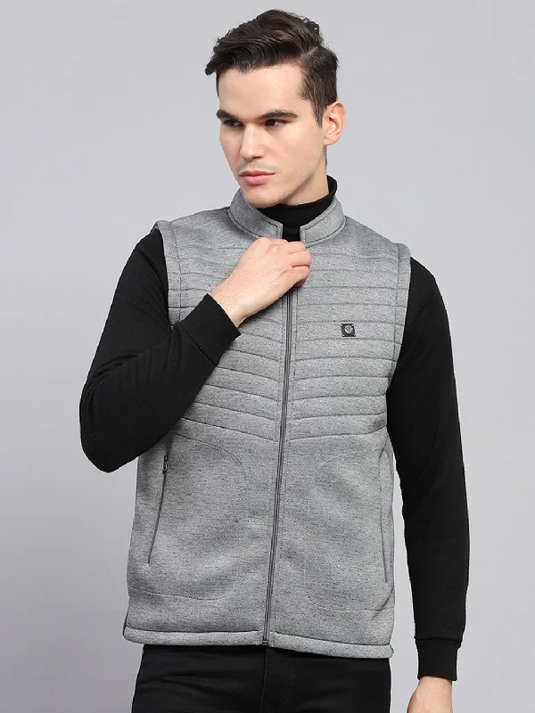 Stylish Outerwear Clothing For Women Mid - Season Sale Men Grey Self Design Mock Neck Sleeveless Jacket