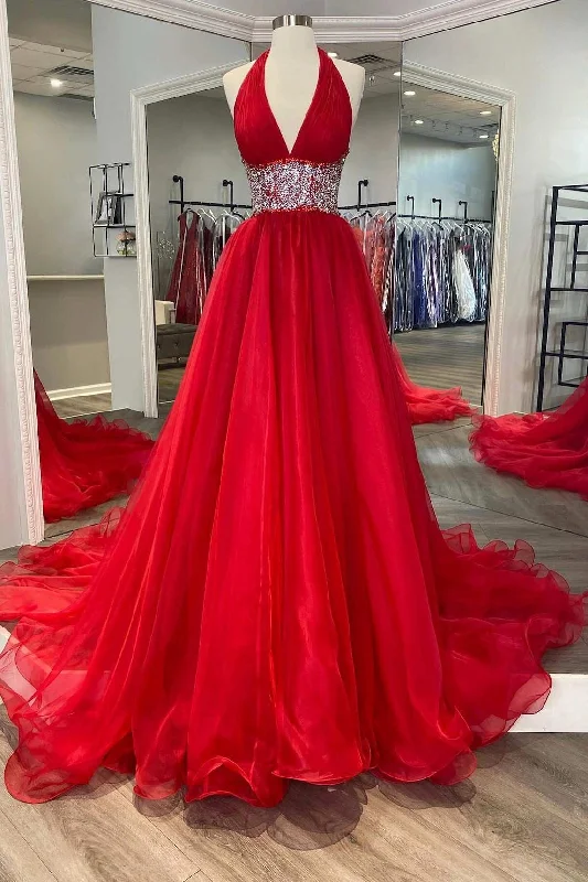 Affordable Fashion Clothing For Women Boho - Chic Festival - Ready Style Red Beaded Halter Backless A-Line Long Prom Gown