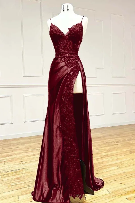 Women's Versatile Apparel Urban Sophistication Chic Sheath Spaghetti Straps Burgundy Satin Prom Dress Formal Dress With Ruffles C1761