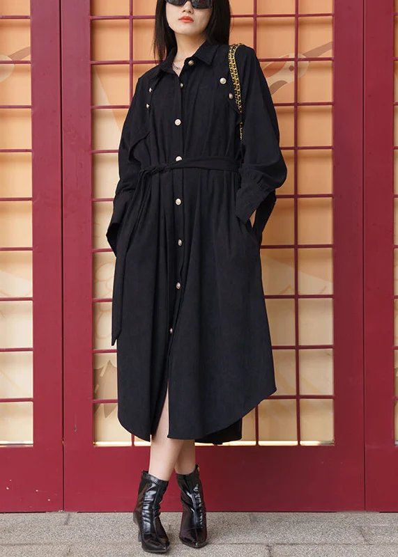 Affordable Women's Clothing Hollywood Glam Award - Show Style Women Black Pockets Tie Waist Cotton Shirt Dress Long Sleeve