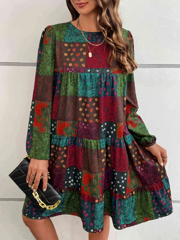 Affordable Trendy Clothes For Women Soft Textures Patchwork Round Neck Long Sleeve Dress