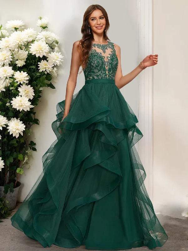 Women's Charming Outfit For Events Contemporary Elegance Ball Gown Scoop Sleeveless Ruffles Prom Dresses