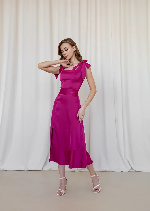 Women's Vacation Garments Seasonal Trend Fuchsia Satin Bridesmaids Midi Dress Wedding Guest Dress Cocktail Dresses