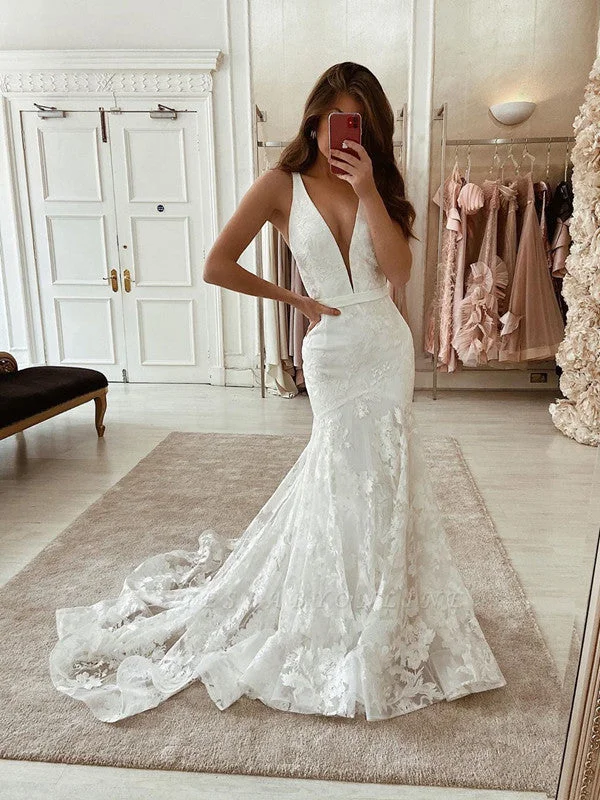 Women's Outerwear Garments Charming Silhouette Deep V-neck Lace Wedding Dresses, Fancy Popular Mermaid Wedding Dresses