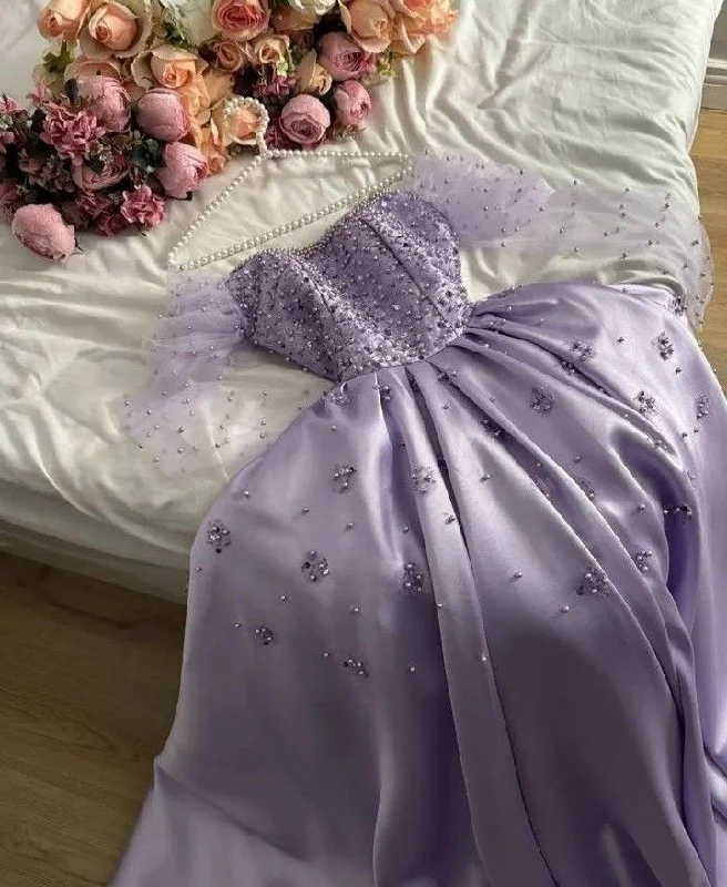 Charming Women's Clothes For Special Events Urban Sophistication Pretty Ball Gown Strapless Long Puffy Sleeves Lilac Satin Pearls Prom Dresses Long Evening Dress C2954