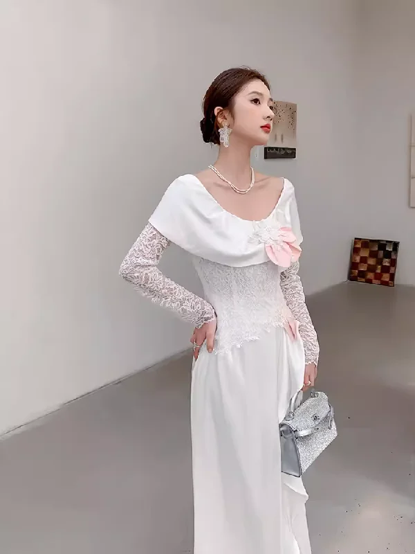 Women's Transitional Apparel Soft Textures Vintage A Line Long Sleeves White Silk Satin Long Prom Dresses C80