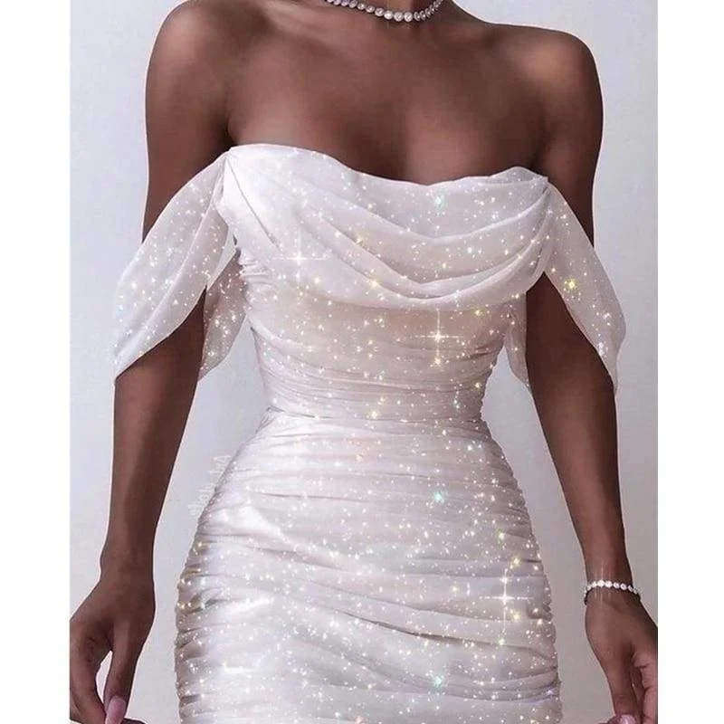 Women's Vacation Clothes Vibrant Prints FashionSierra - Off Shoulder Pleated White bodycon Dress Women Strapless Backless Shinny Dress Elegant Party Dresses Clothes