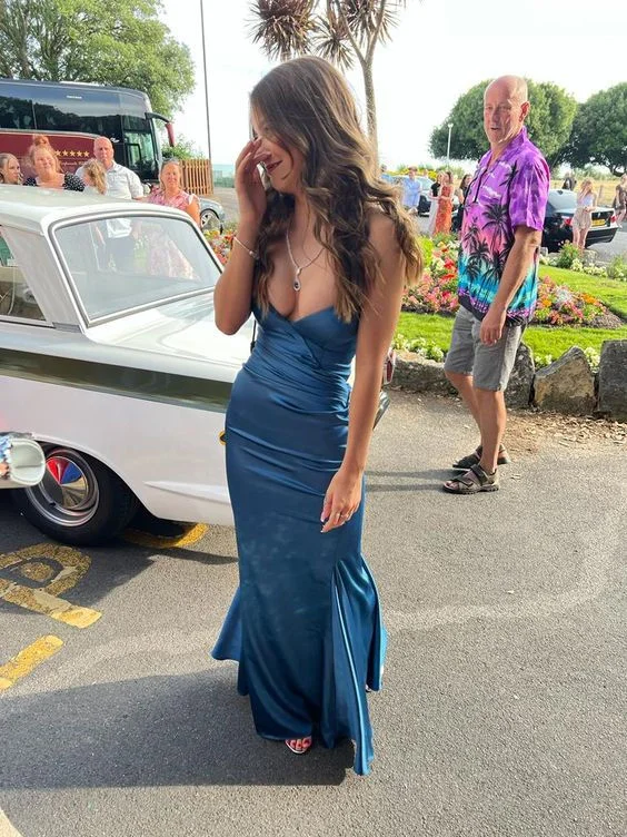 Women's Plus-Size Apparel Rustic Countryside Charm Look Elegant Mermaid Halter Long Blue Satin Prom Dresses Evening Dress C3014