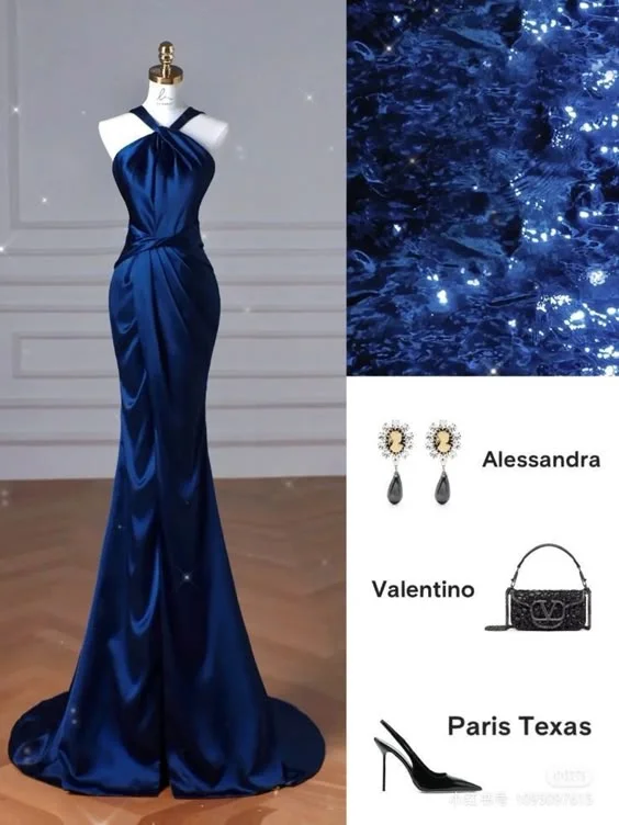 Charming Women's Garments Feminine Elegance Modest Mermaid Halter Navy Blue Fold Satin Prom Dresses Long Evening Dress C2854