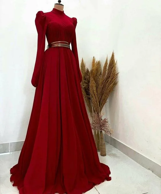 Women's Transitional Attire Save on Classic Elegant Styles A Line High Neck Long Sleeves Muslim Burgundy Prom Dress Y6222