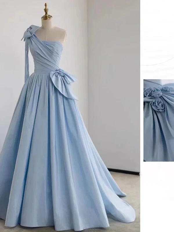 Affordable Luxury Women's Apparel Grab Romantic Date - Night Styles Now Elegant Ball Gown One Shoulder Light Sky Blue Satin Flowers Long Prom Dress Evening Dress C3232